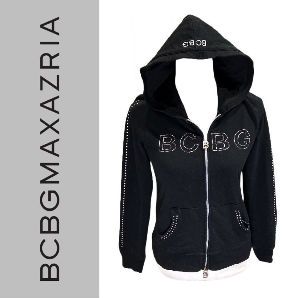 BCBGMaxazria Women’s Black Rhinestone Studded Hoodie -‎ Size M